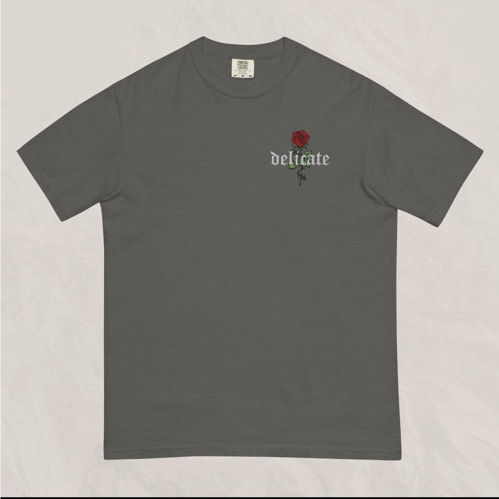 NWOT Comfort Colors “Delicate” T-Shirt with Rose Embroidery - Picture 3 of 8